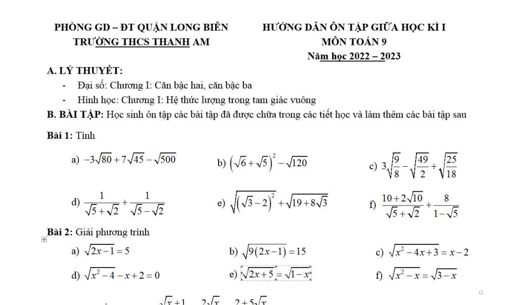 Toán 9. Đề cương Ôn tập giữa học kỳ 1. Trường THCS Thanh Am-Long Biên năm học 2022-2023